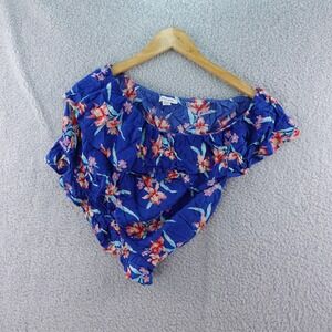 American Eagle Women's‎ Medium Blue Floral Print Off Shoulder Crop Top Y2k